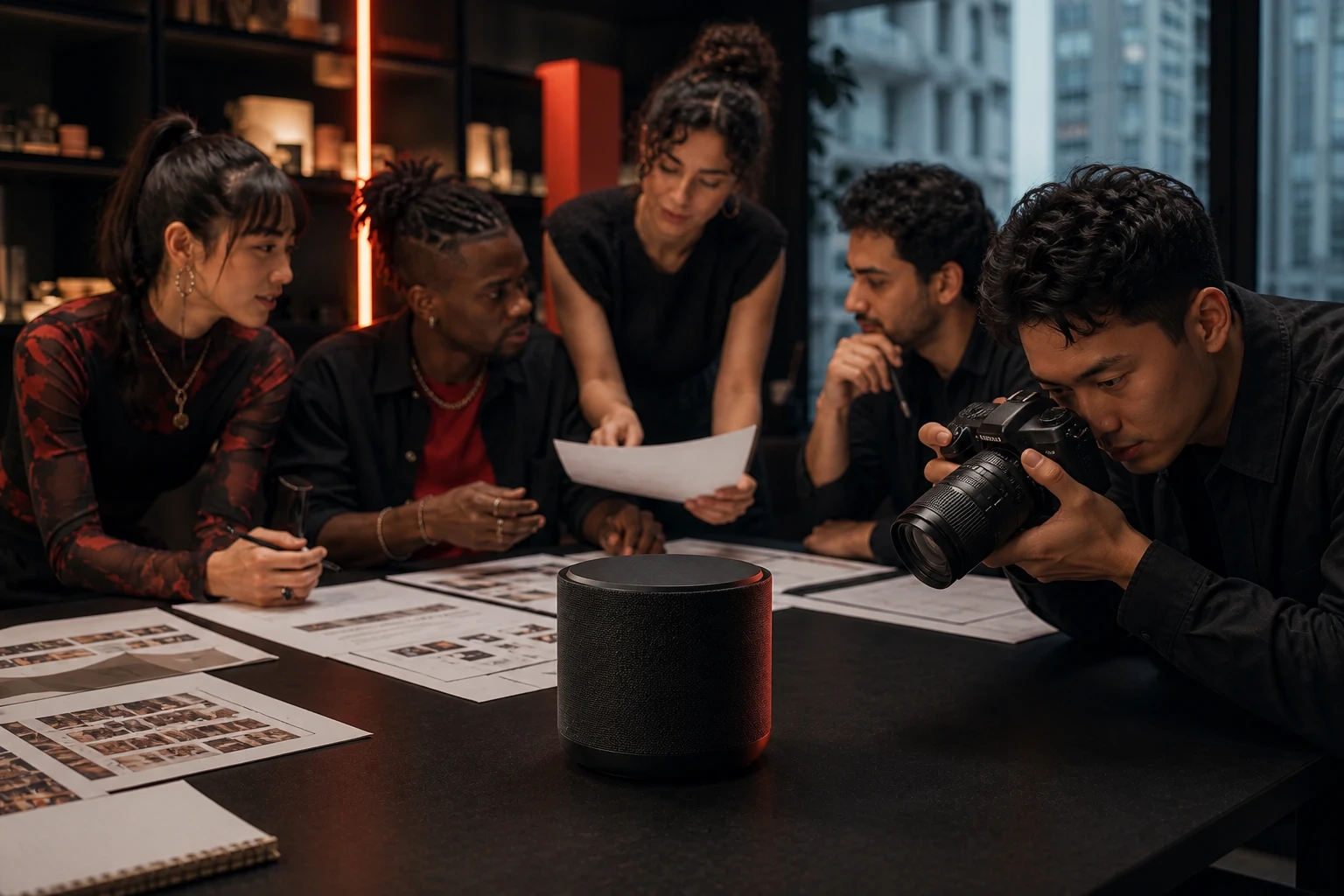 Creative team planning a campaign as a photographer captures a black speaker on the table