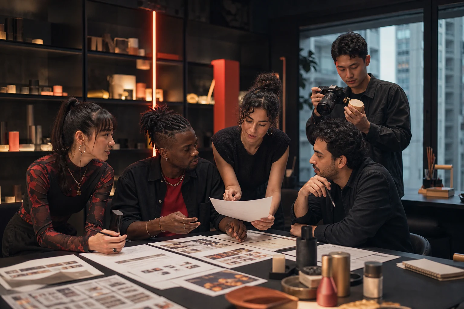 Creators collaborating in a cross-cultural content workshop with cameras and product samples