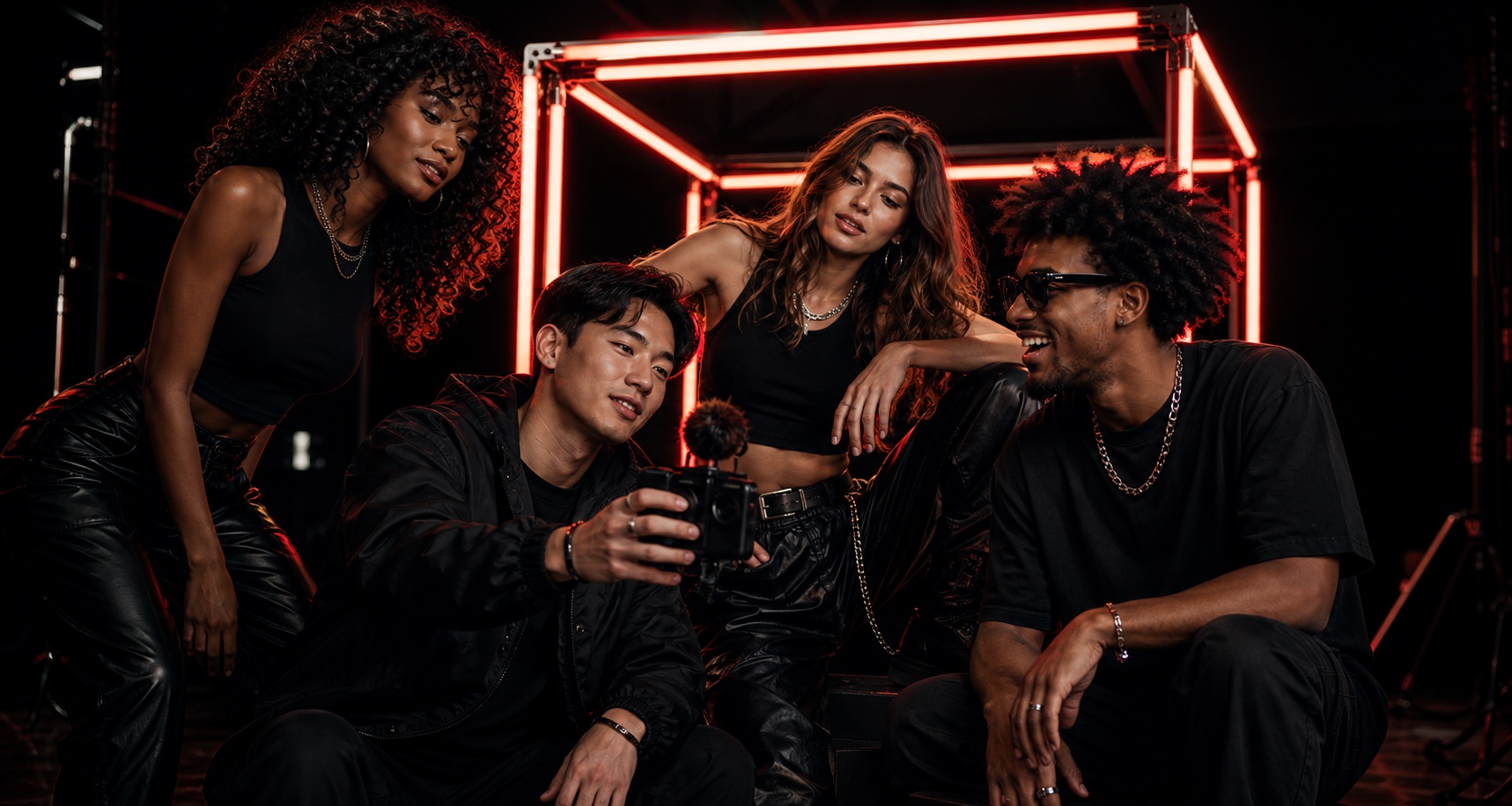 A diverse creator team collaborating in a studio