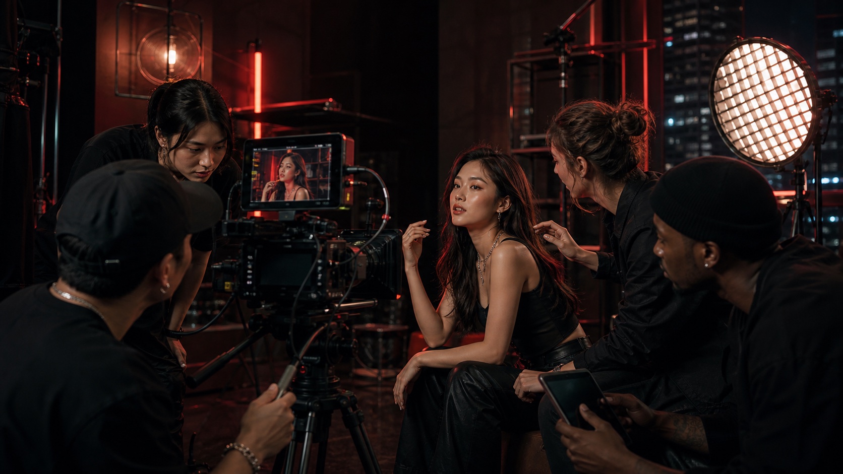 A multicultural production team filming creator content in a studio